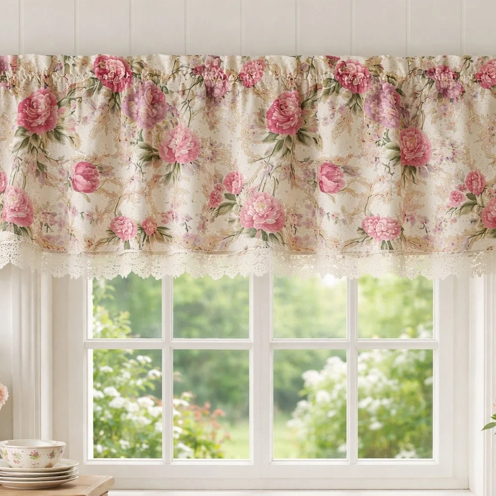 Floral‎ Curtains valance with Pink and Green Accents 60” length 20” width