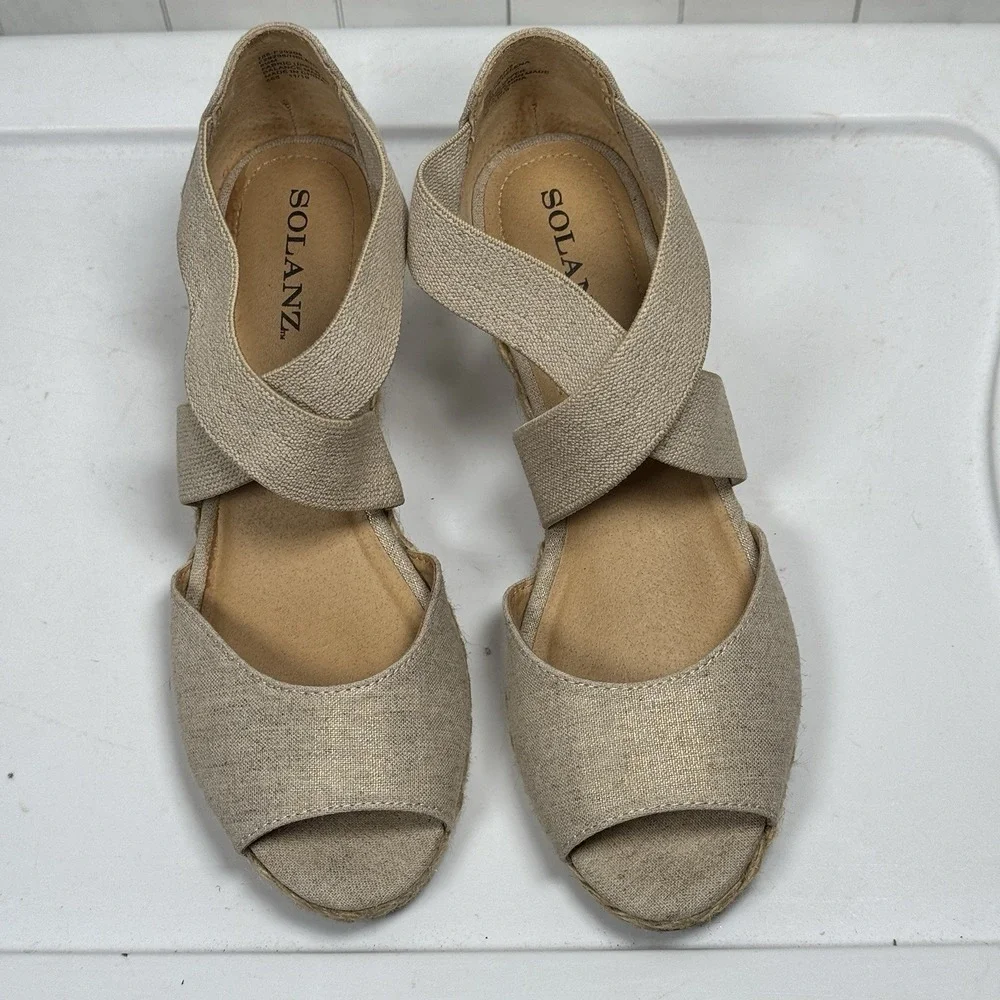 Solanz US 8.5M Helena‎ Espadrille Wedges Strappy Sandals Beige Canvas Chic Shoes