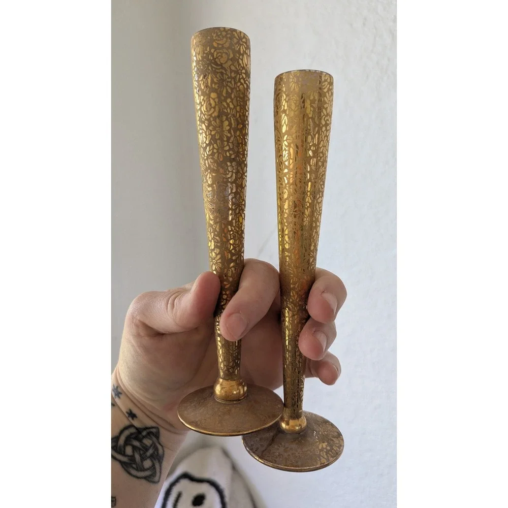 Ransgil Crystal Vintage 22k Gold Encrusted Floral Bud Vases Set 2 MCM 8.5 inch‎