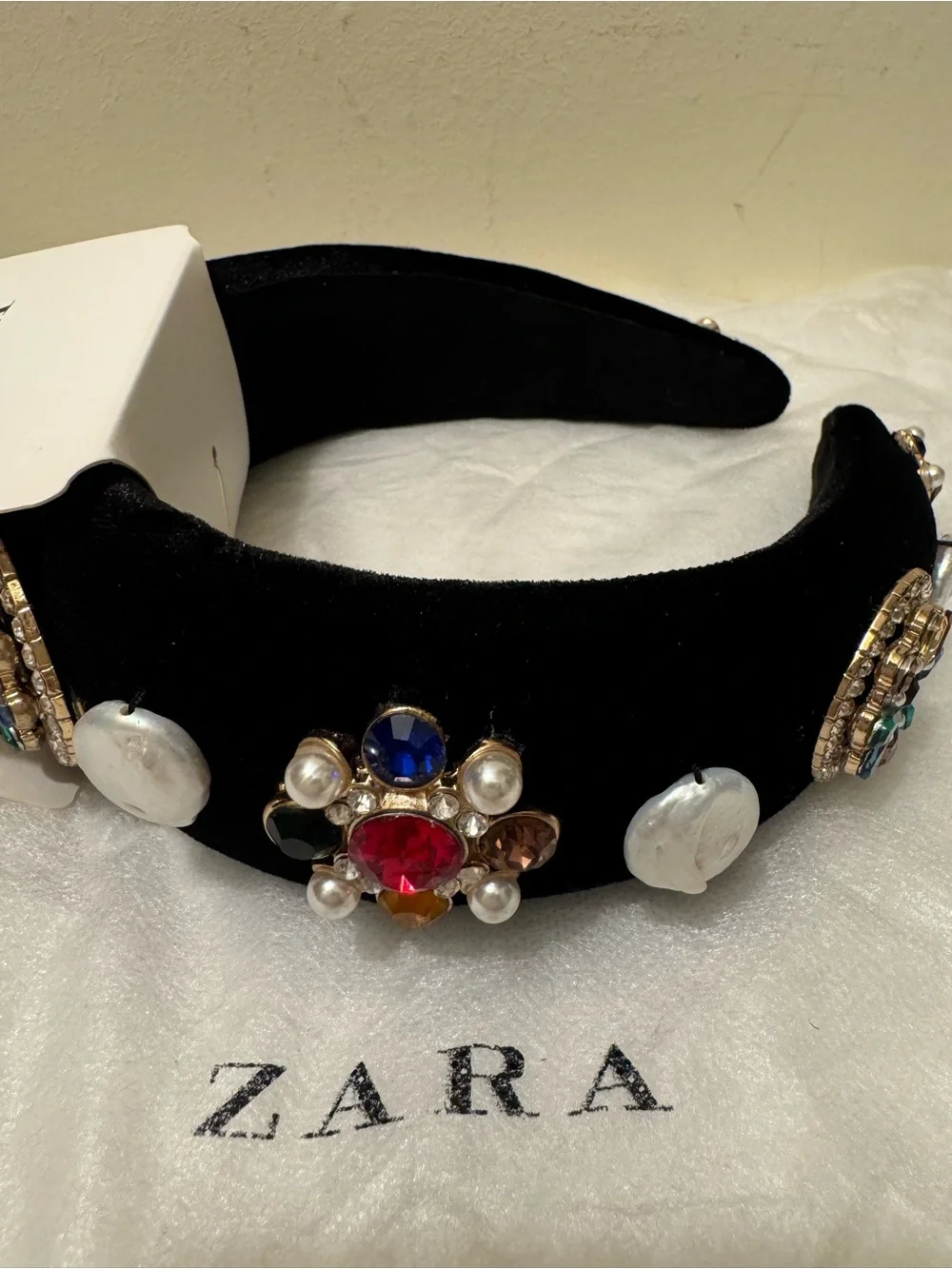 NWT Vintage Zara black velvet headband with pearl and gemstone embellishments