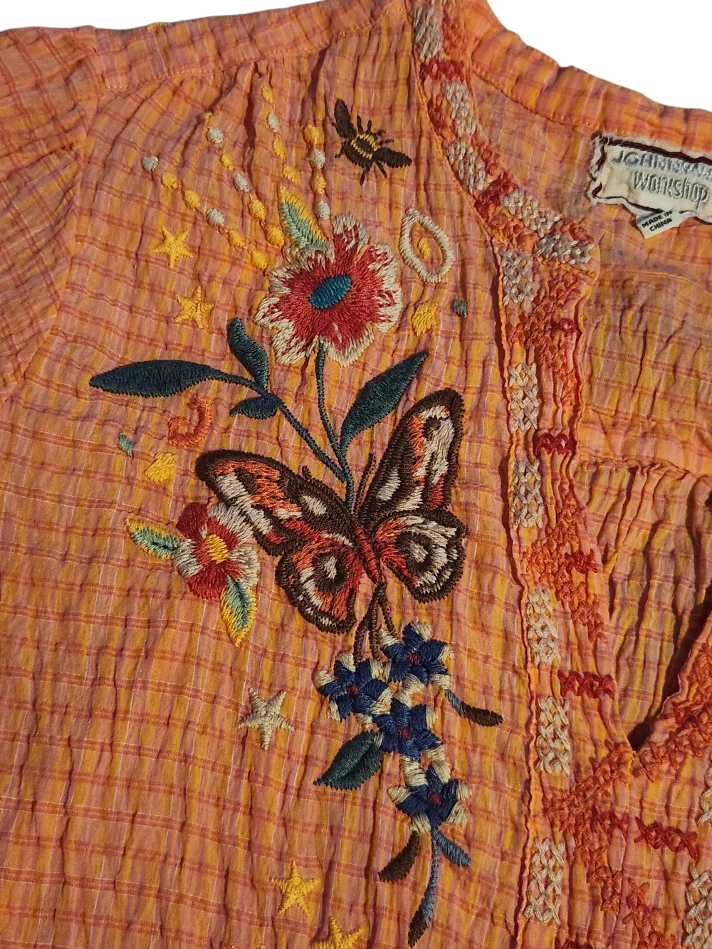 Johnny Was Embroidered Olinda Puff Sleeve Boho Blouse Floral Vine Art Top ✨