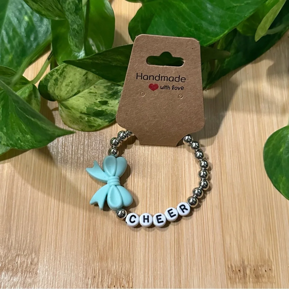 Silver‎ Kids’ Stretchy Beaded Cheer Bracelet | Handmade | Silicone Bow 📣✨