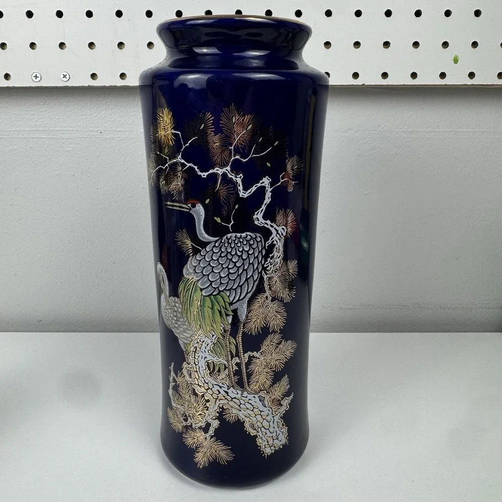 Vtg‎ 1960s Cobalt Blue Japanese Crane Vase Gold Trim Porcelain Japan 11
