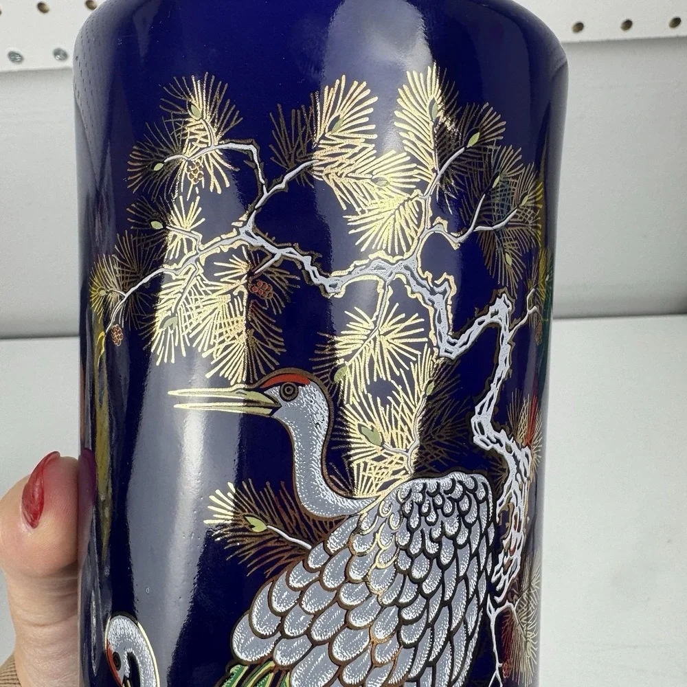 Vtg‎ 1960s Cobalt Blue Japanese Crane Vase Gold Trim Porcelain Japan 11