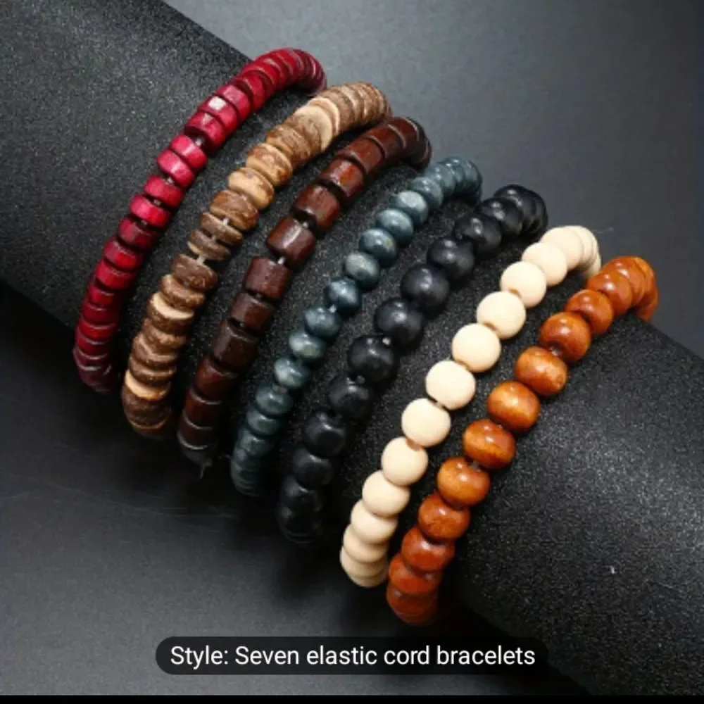Men's beaded‎ bracelets set 7pc black brown white new e65