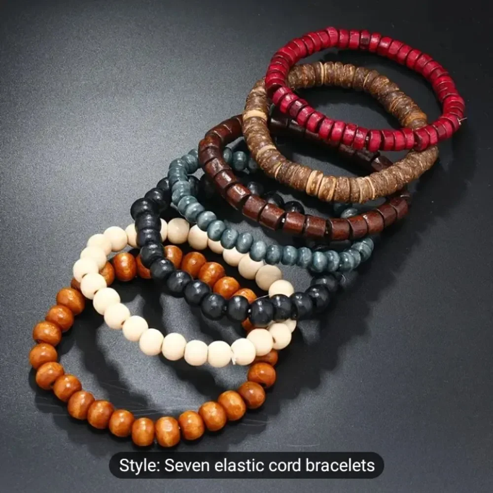 Men's beaded‎ bracelets set 7pc black brown white new e65