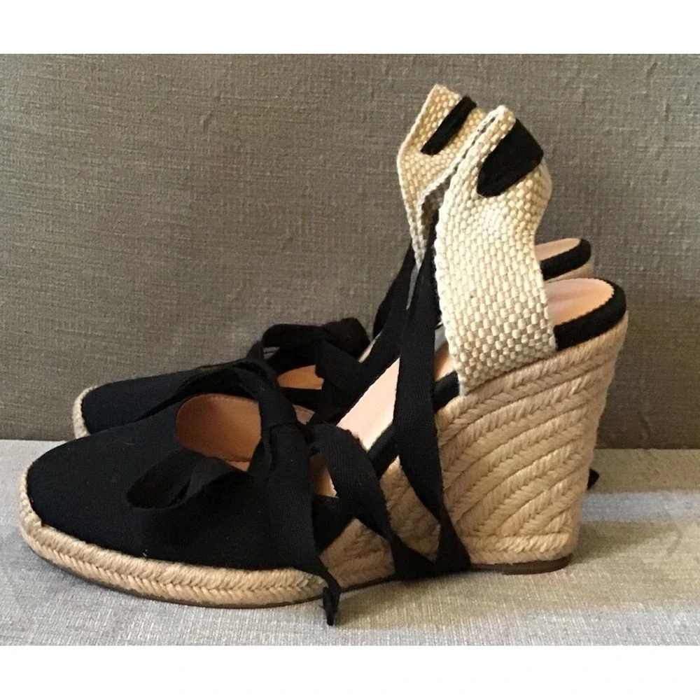 J Crew Black Canvas Espadrille Wedge Chunky‎ Sandals Lace Up Ankle Strap