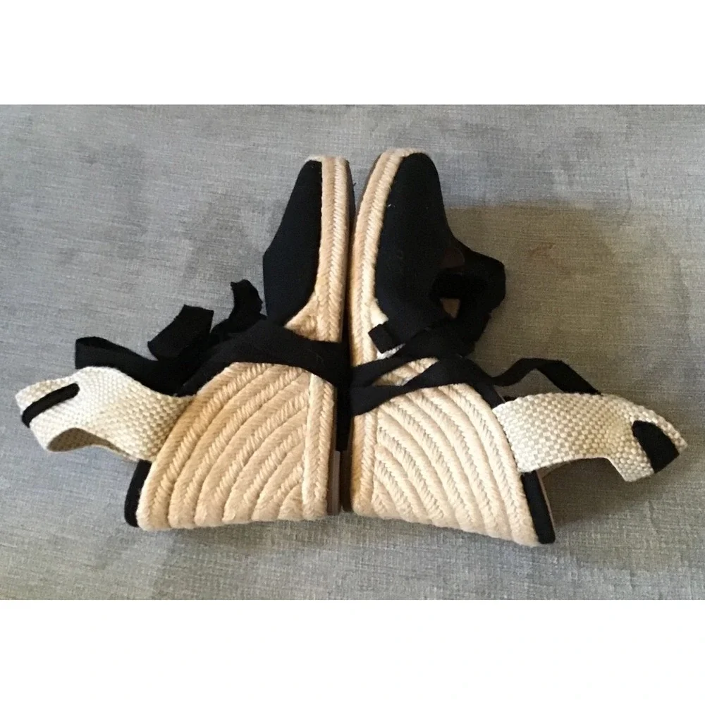 J Crew Black Canvas Espadrille Wedge Chunky‎ Sandals Lace Up Ankle Strap