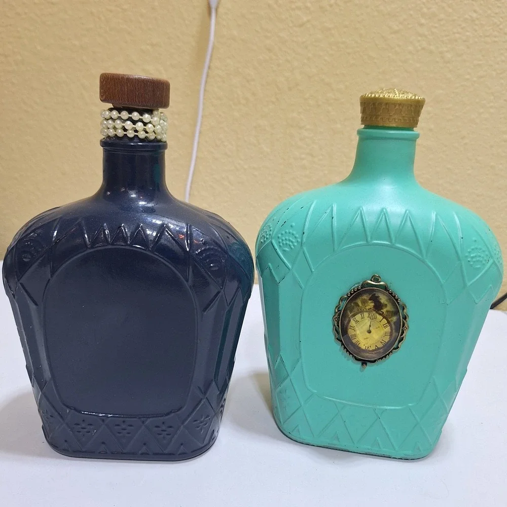 Set 2 Painted Crown Royal Bottles Shabby Chic Cottagecore Upcycled Decor