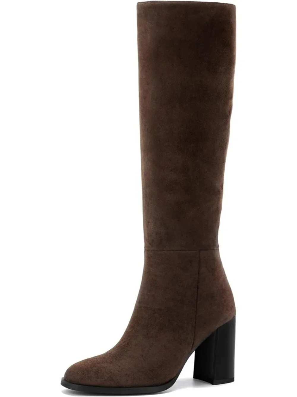 Women Suede Brown Knee High Side Zip Fashionable Round Toe Gogo Chunky Heel Boot