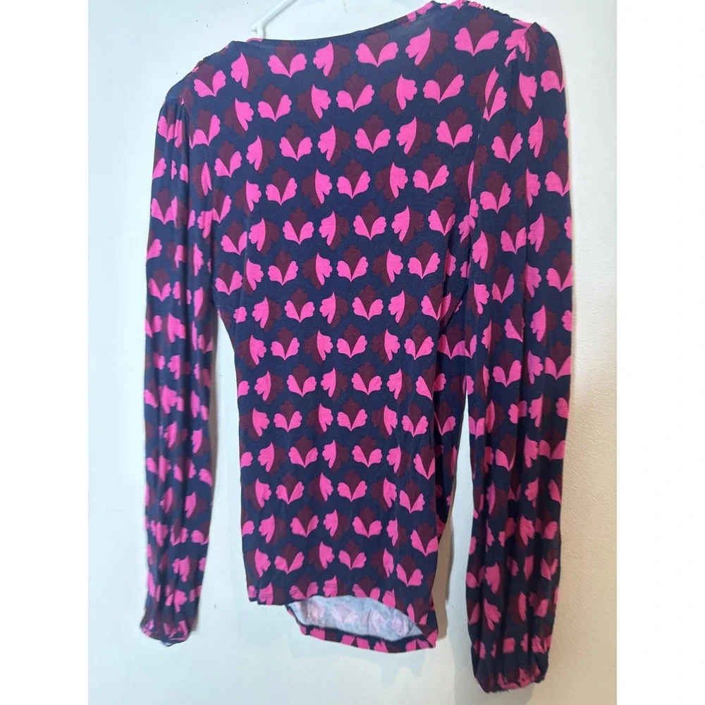 Boden Blouse Womens 4 Blue Pink Floral V Neck Jersey Wrap Top Long Sleeve Ruched