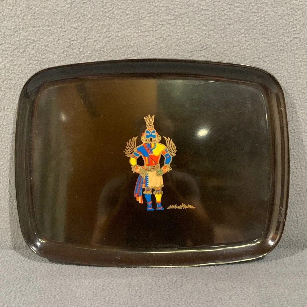 Hummingbird Kachina Serving Couroc Tray Black Vintage MCM Inlaid Art