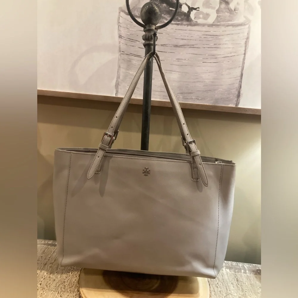Tory Burch York Buckle Tote Taupe Grey Heron Purse Laptop‎ handbag