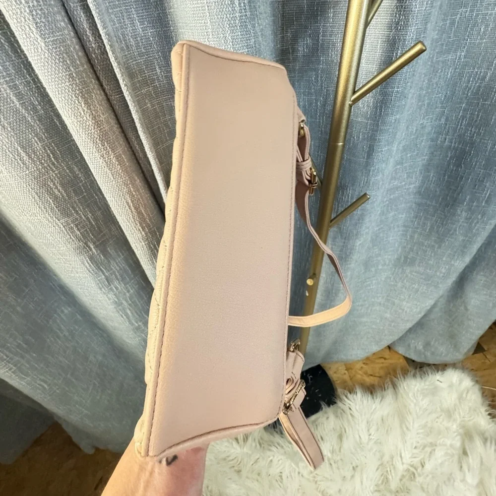 Blush Pink Square Quilted Convertible Backpack Purse with gold hardware