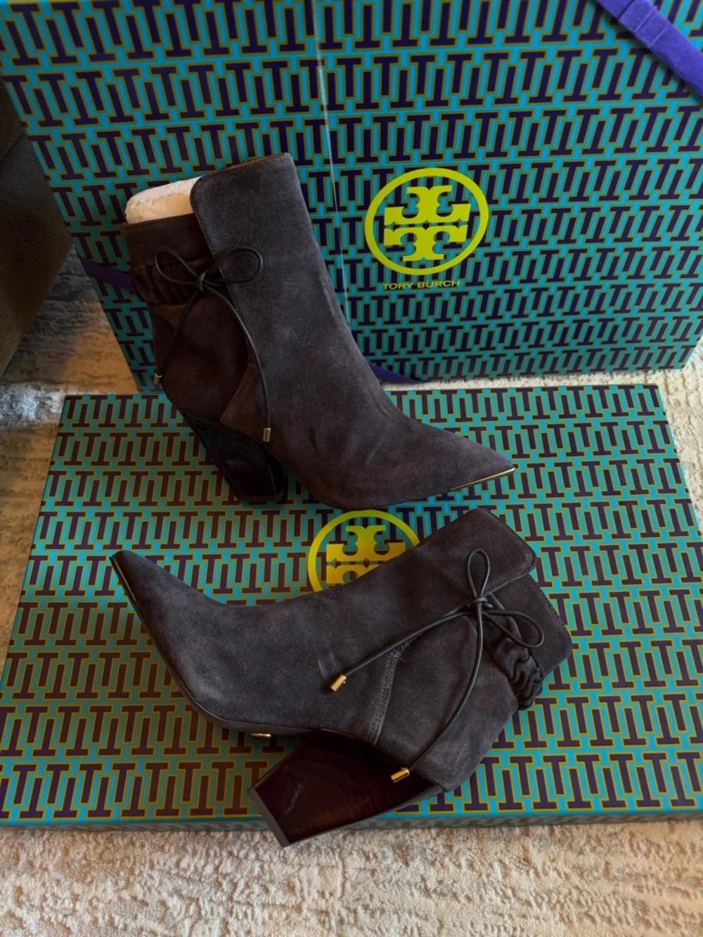Tory Burch Dark Gray Suede Pointed Ankle Booties