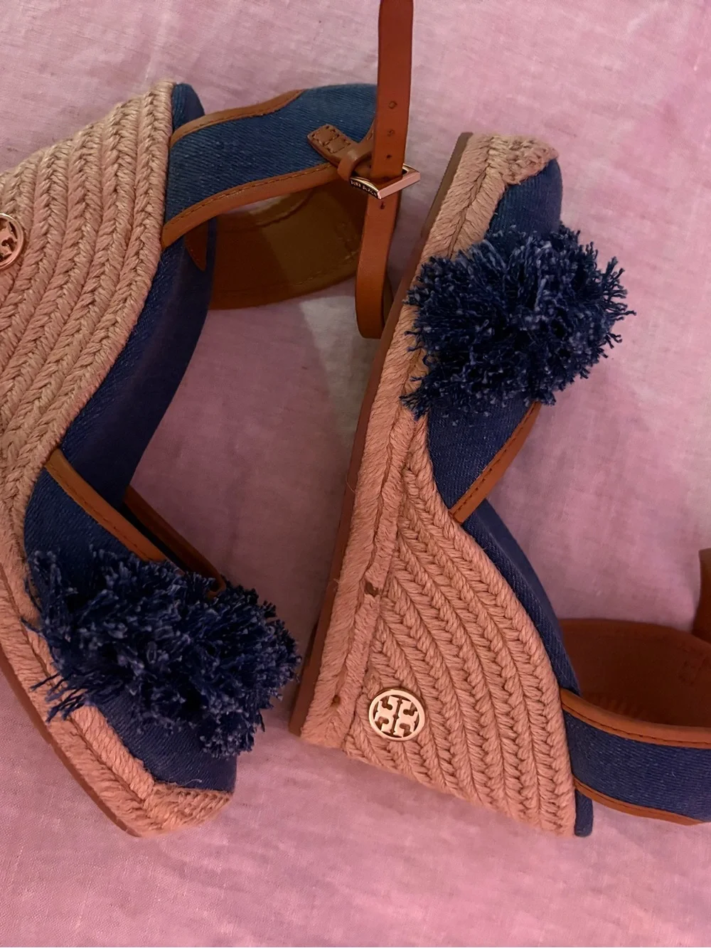Tory Burch Navy Denim Espadrille Wedge Sandals with Pom Detail