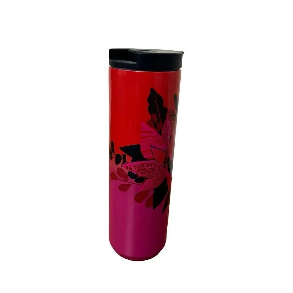 Starbucks Holiday 2021 Stainless Steel Tumbler Red Pink Poinsettia Floral 16 oz