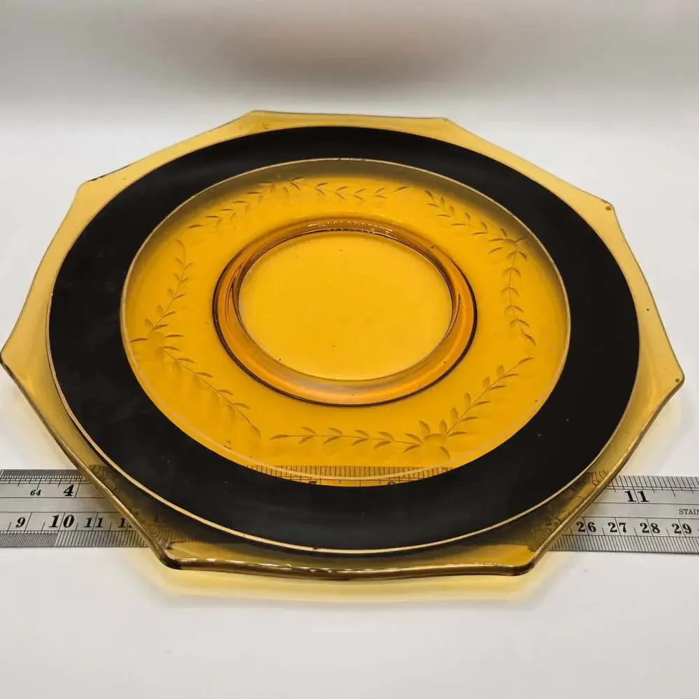 Vintage Amber Glass Plate with Black Rim and Etched Wheat Pattern