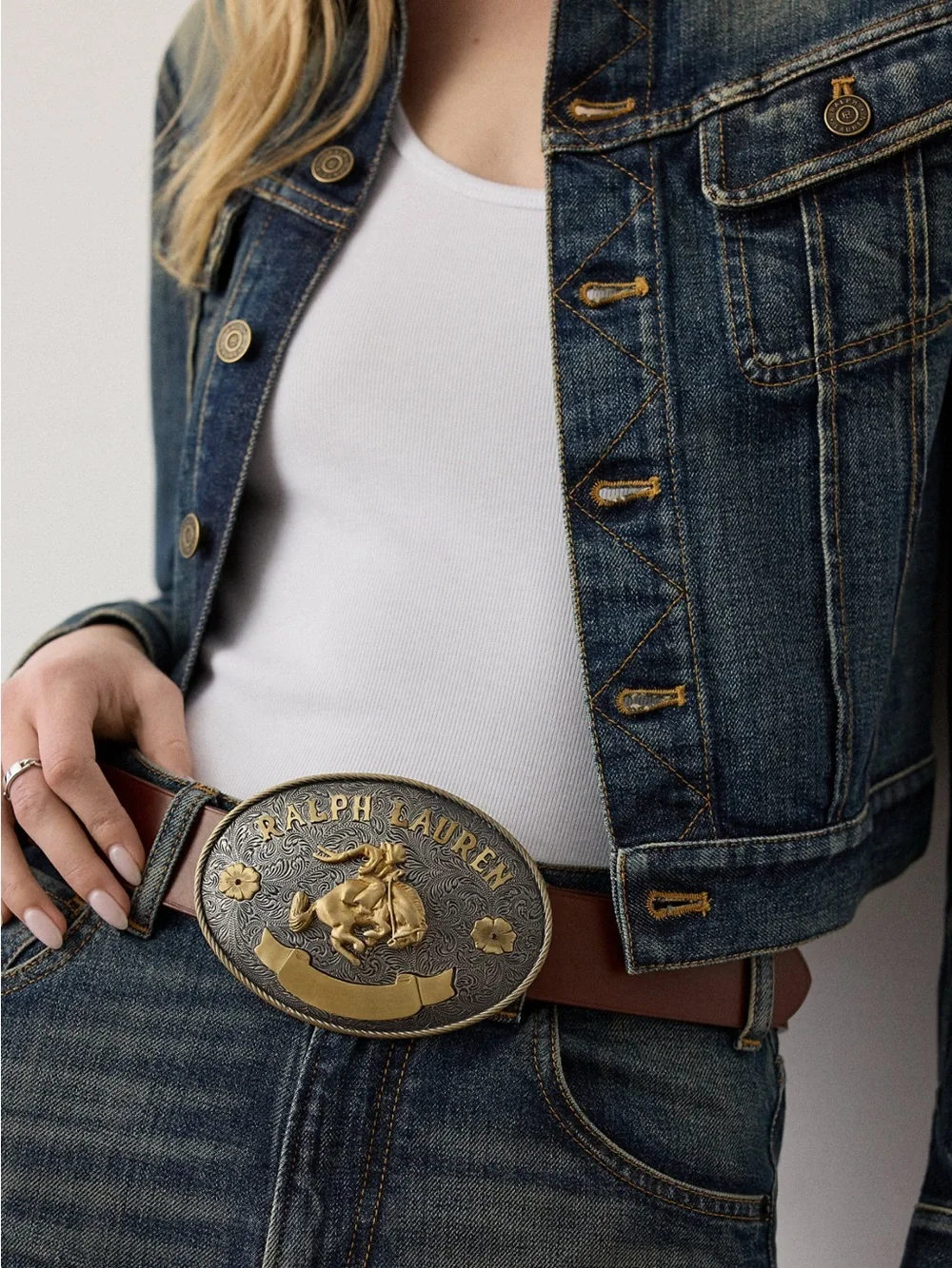 Ralph Lauren Rodeo-Buckle Vachetta Leather Wide Belt