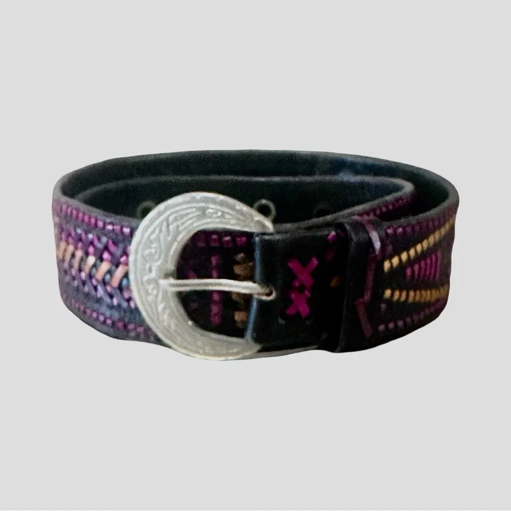 Western Boho Handmade Leather Belt Black Multicolor Woven design Size 34.75x1.45