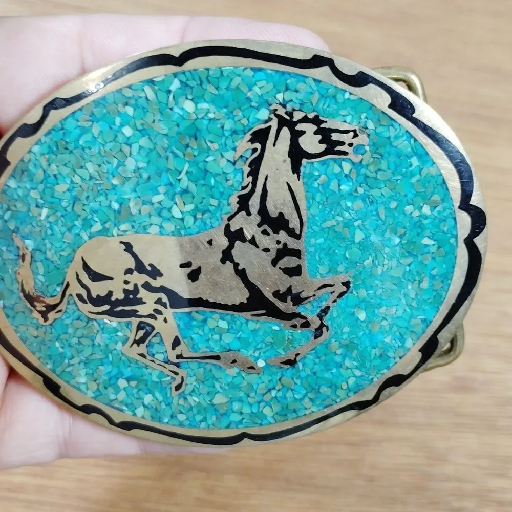 Vintage Belt Buckle Turquoise Chip Inlay Horse Oval Western Rodeo Cowboy 1981
