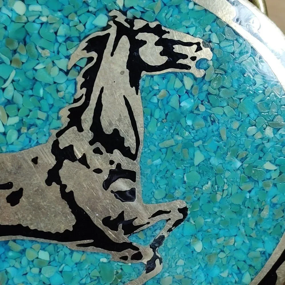 Vintage Belt Buckle Turquoise Chip Inlay Horse Oval Western Rodeo Cowboy 1981