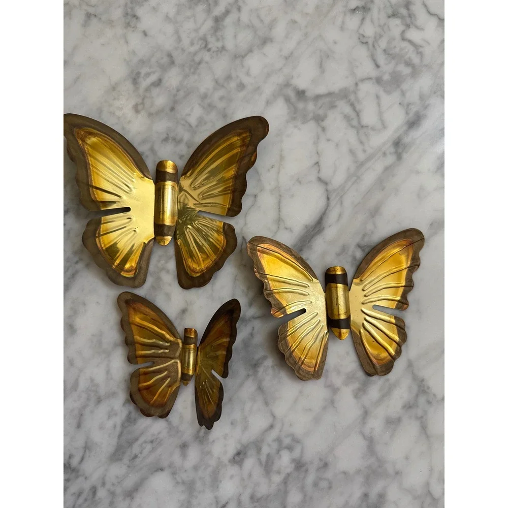 Vintage Brass Butterfly Wall Hanging Set of 3 Mid Century Modern Gold Metal Art
