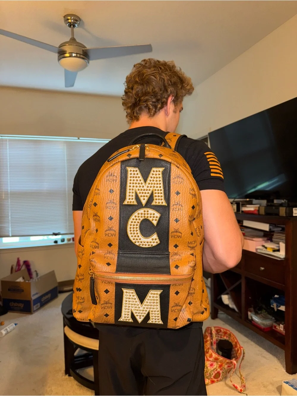 Authentic MCM Stark Stripe Studs Backpack – Cognac Visetos Canvas - Pre Loved