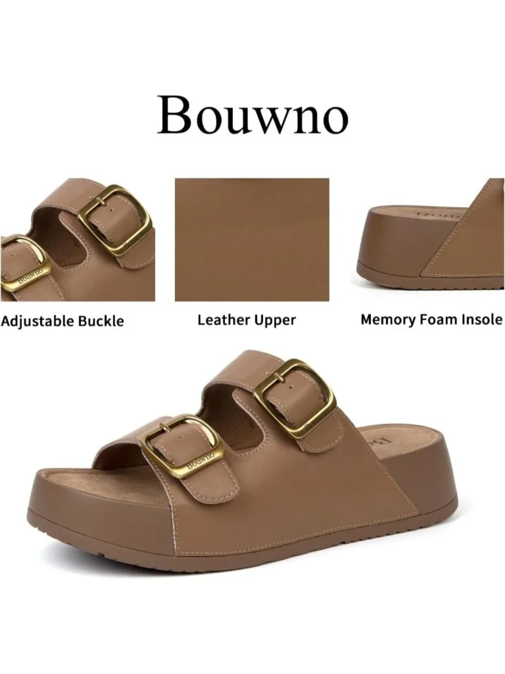 Women's Brown Genuine Leather Slide Buckle Slip on Beach Platform Sandal Shoes