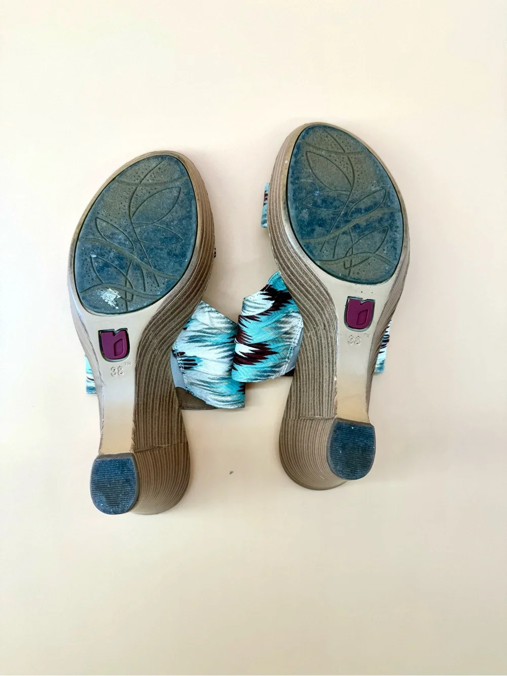 Umberto Raffini Aztec Print Slide Wedge Sandals - Teal & Burgundy