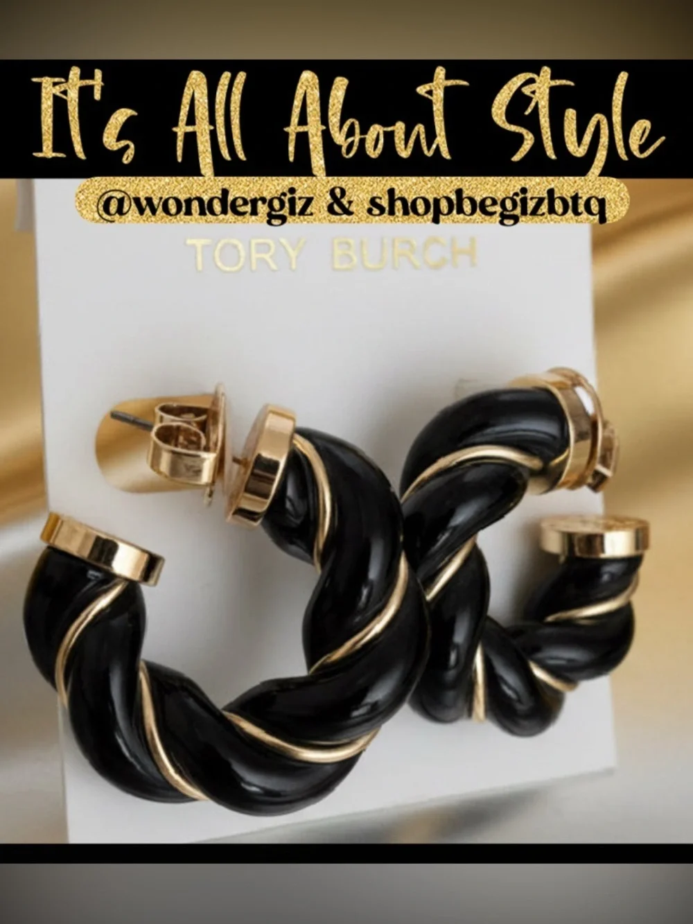 NWT Authentic Tory Burch Black and Gold Textured Rope Hoop Earrings