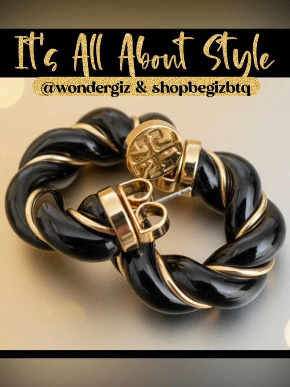 NWT Authentic Tory Burch Black and Gold Textured Rope Hoop Earrings