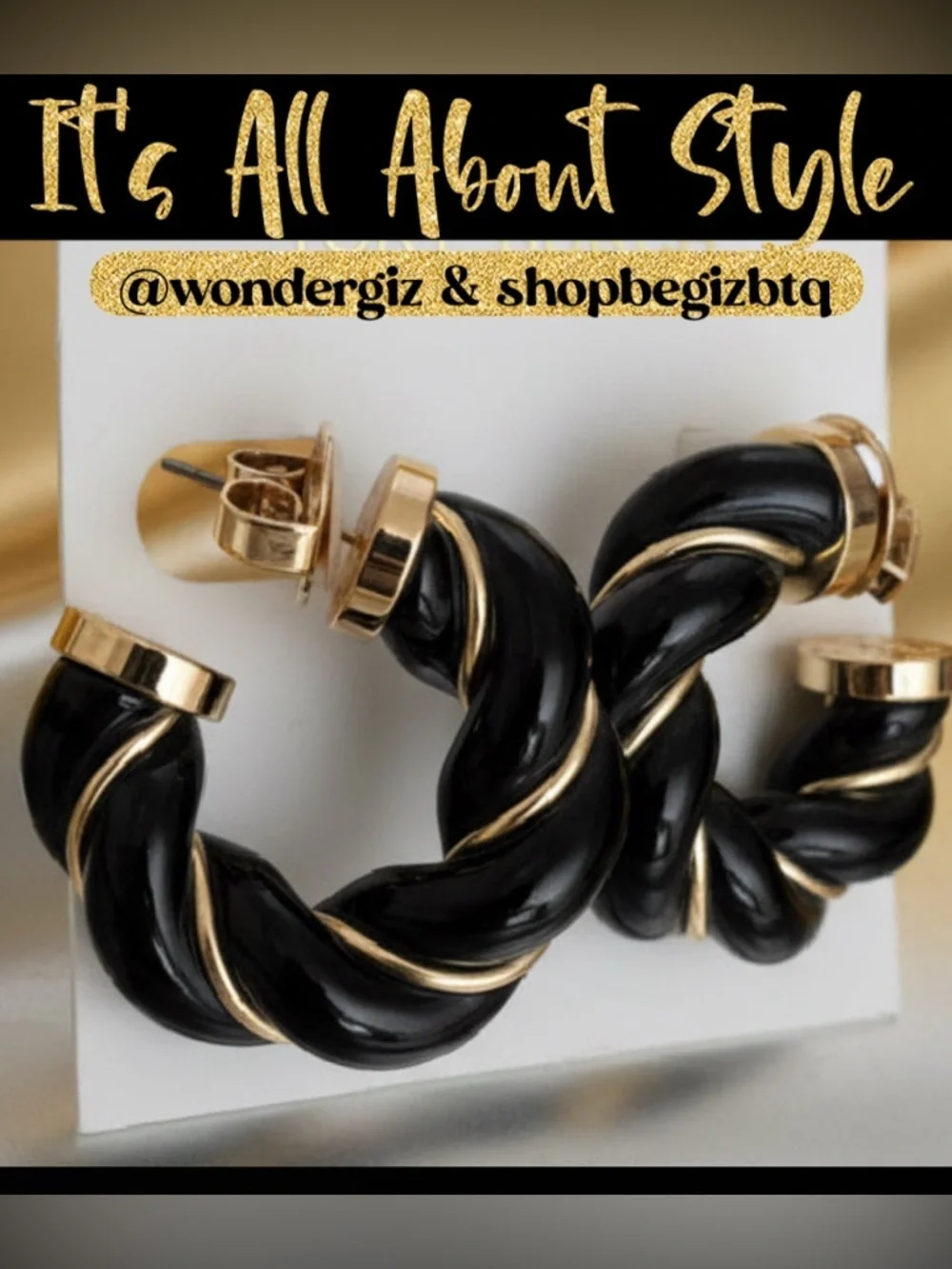 NWT Authentic Tory Burch Black and Gold Textured Rope Hoop Earrings