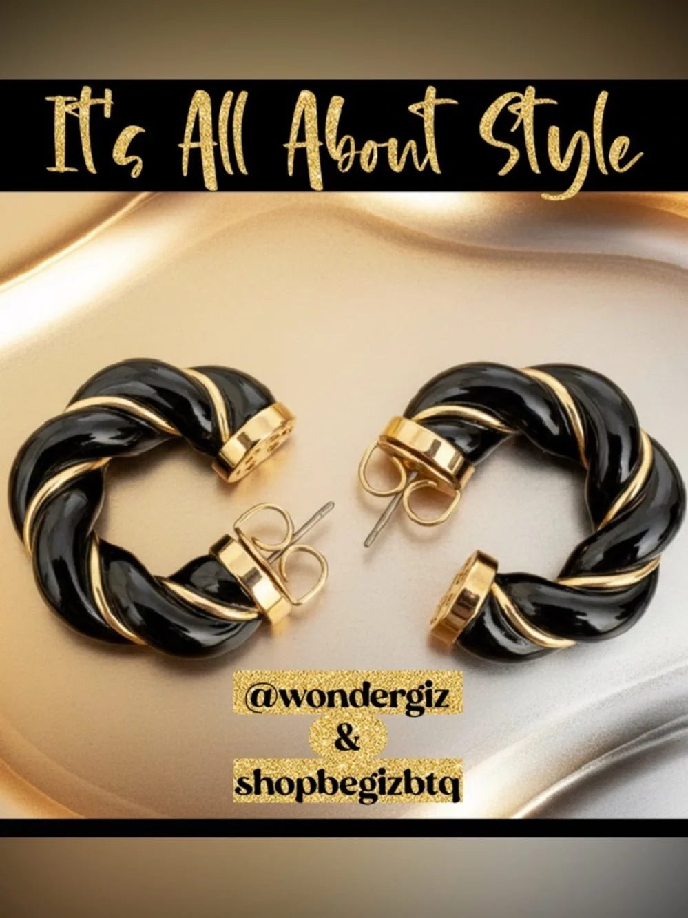 NWT Authentic Tory Burch Black and Gold Textured Rope Hoop Earrings