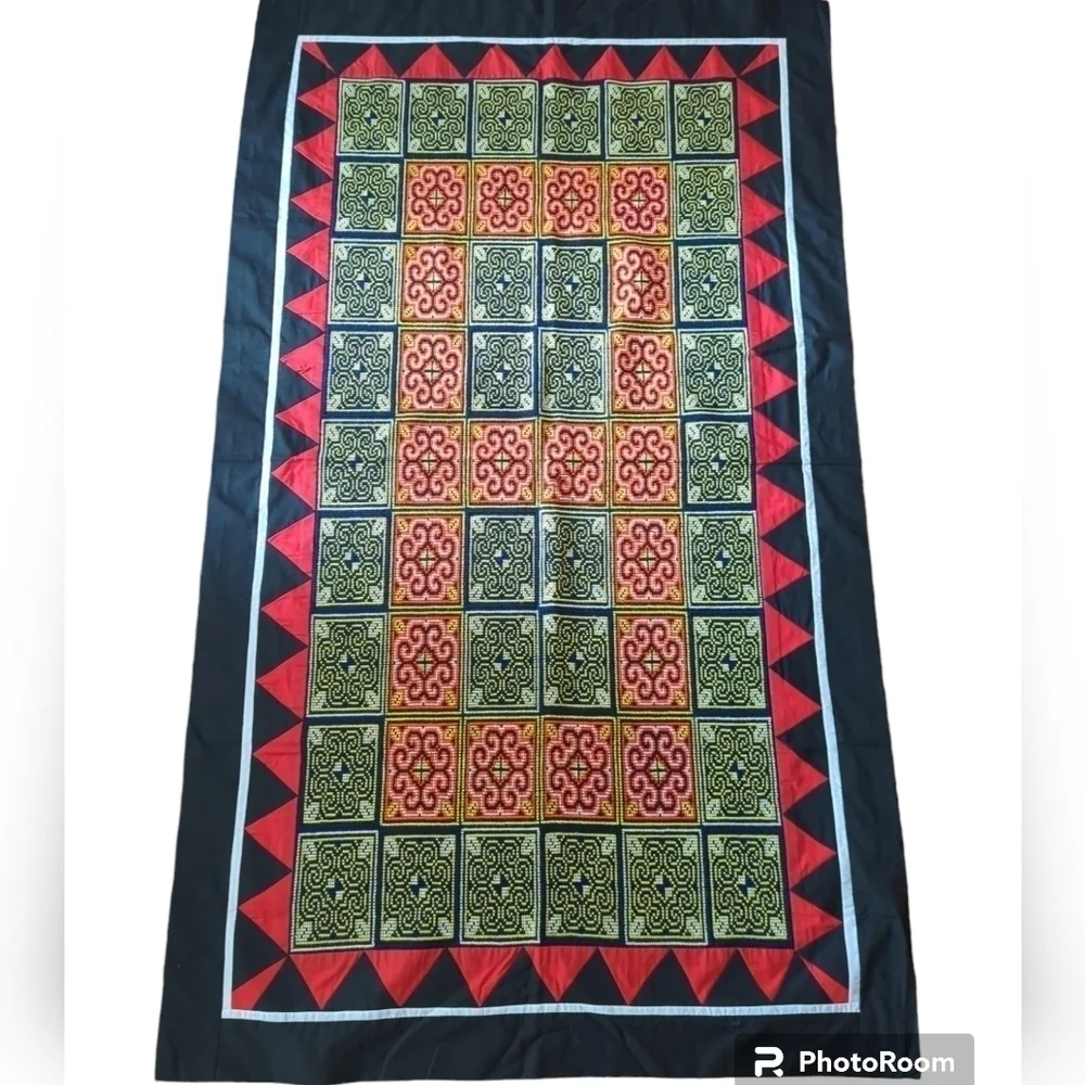 Hand made needlepoint colorful black/ red/yellow Exquisite Luxury quilt runner
