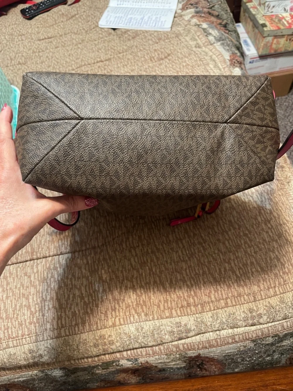 Michael Kors Brown Monogram Backpack with Pink Trim