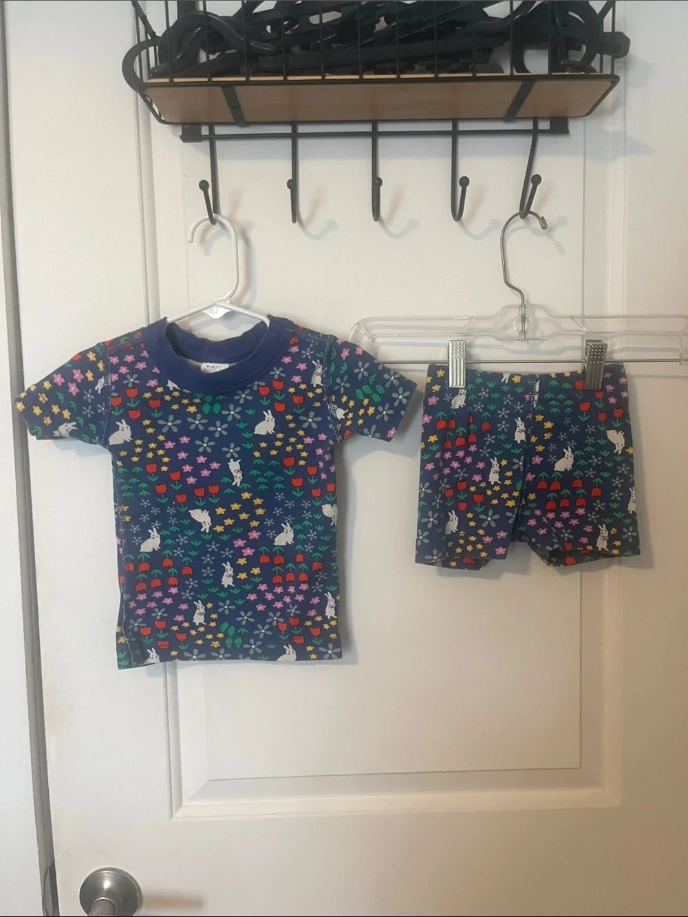 Hanna Andersson Navy Short Pajama Set with White Bunny & Multicolor Floral Print