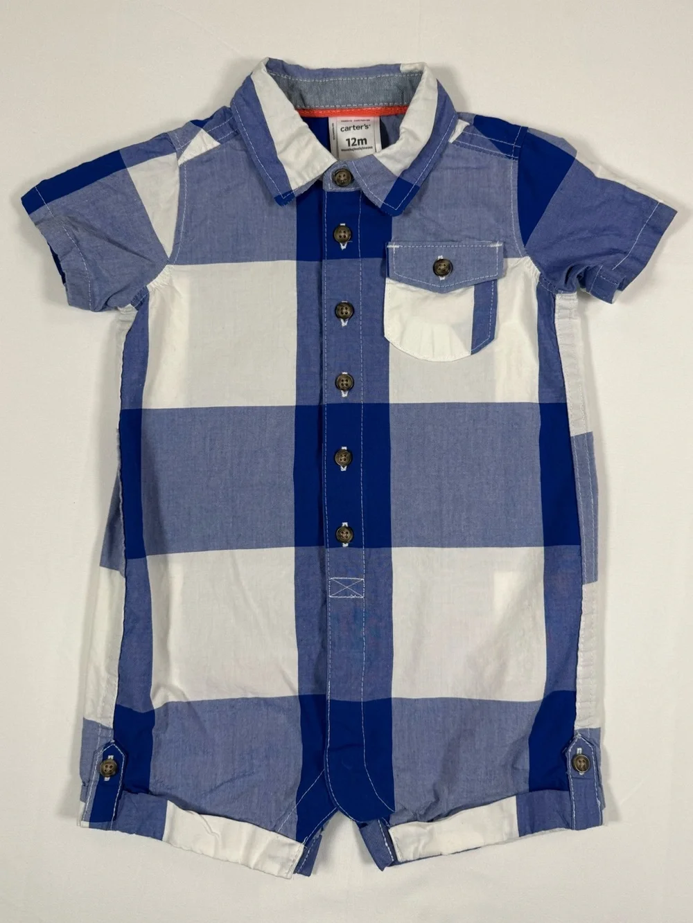 CARTER’S Boys Coastal Preppy Blue Buffalo Plaid Button Nautical Romper 12M