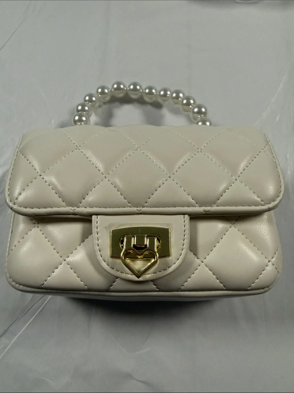 Pearl-Handle Quilted Cream Shoulder Bag