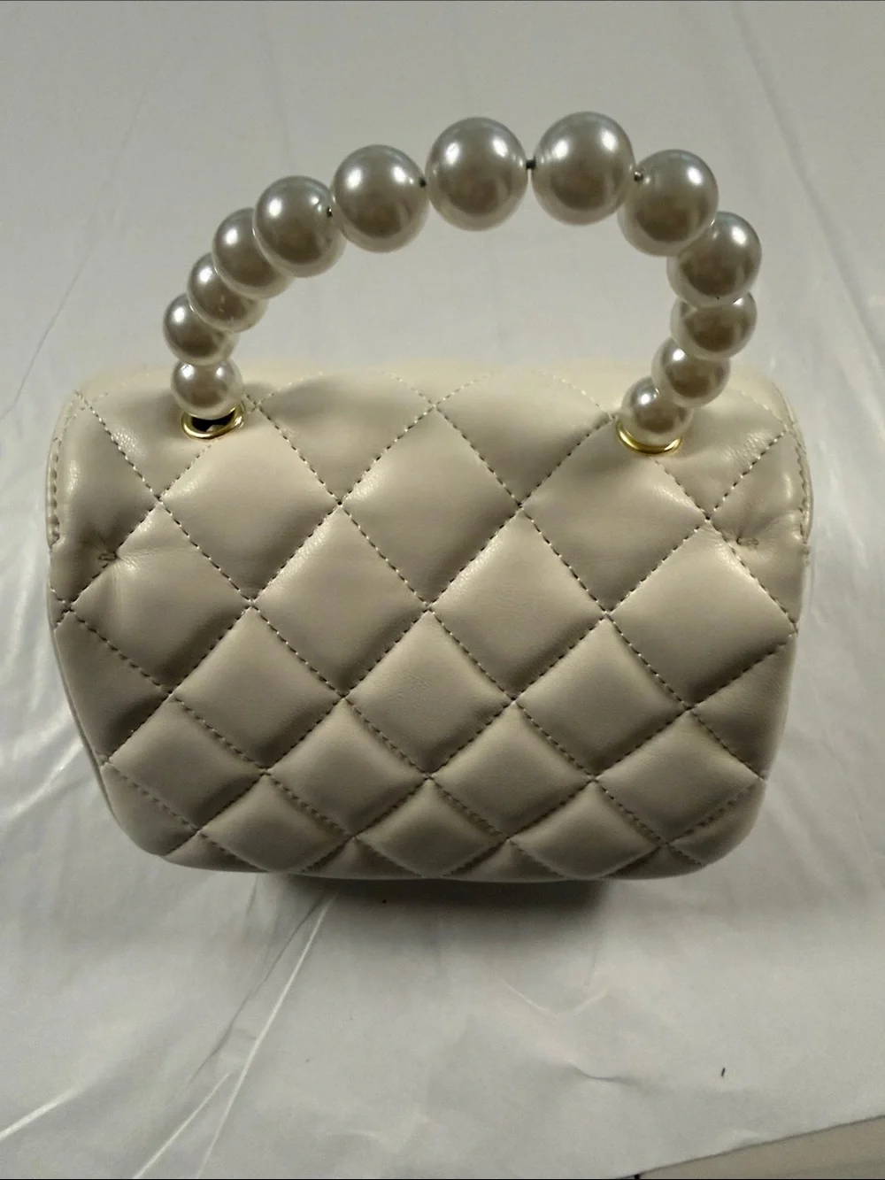 Pearl-Handle Quilted Cream Shoulder Bag