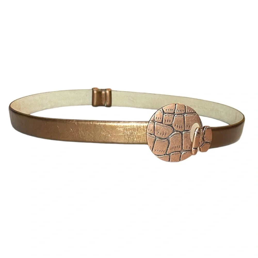 Chicos Adjustable Leather Belt Copper Medallion Bronze Belt Sz SM