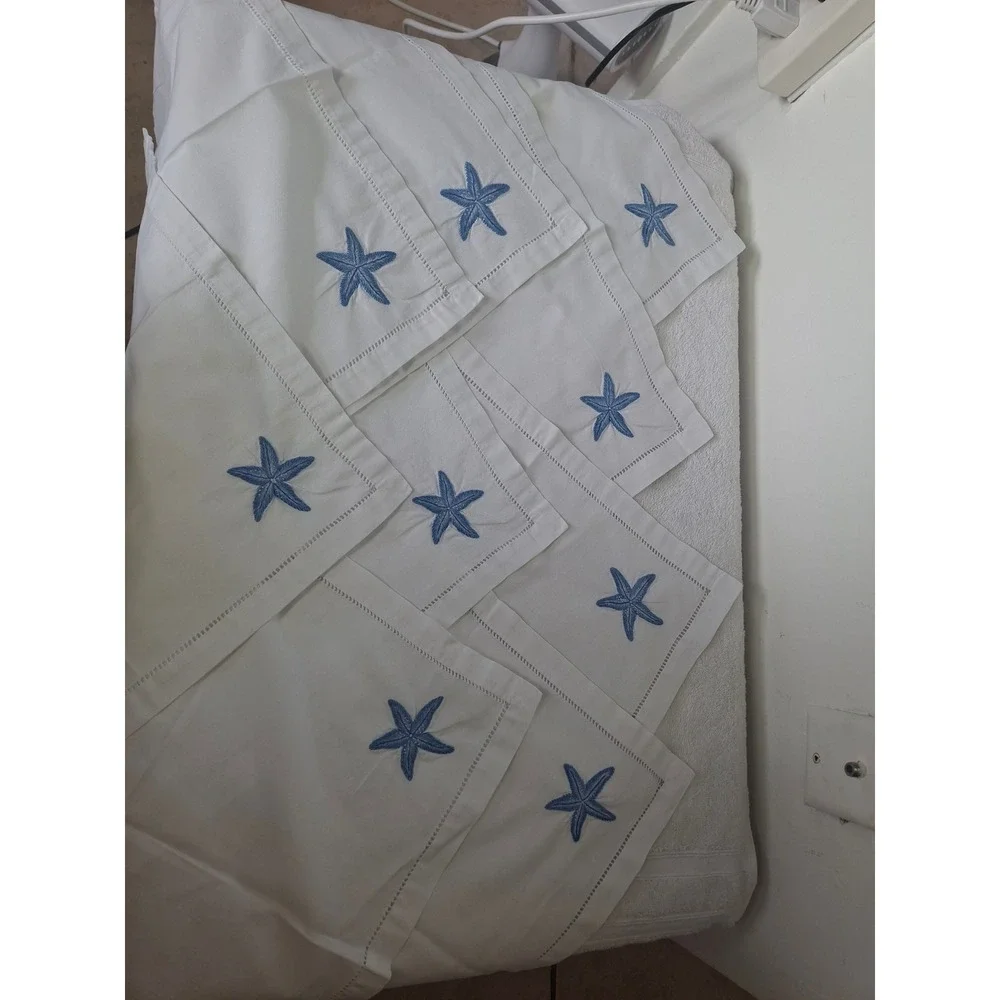 Vintage White Linen Starfish Embroidered Hemstitch Napkins Set of 9 Coastal Blue