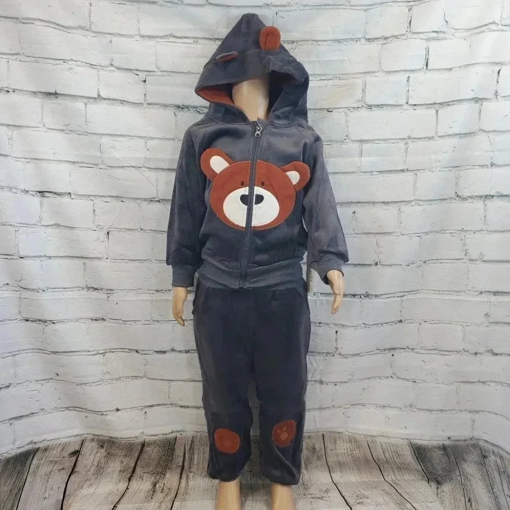 5T Toddler Grey Teddy Bear 2 piece Hoodie and Pants Velvet Outfit Set