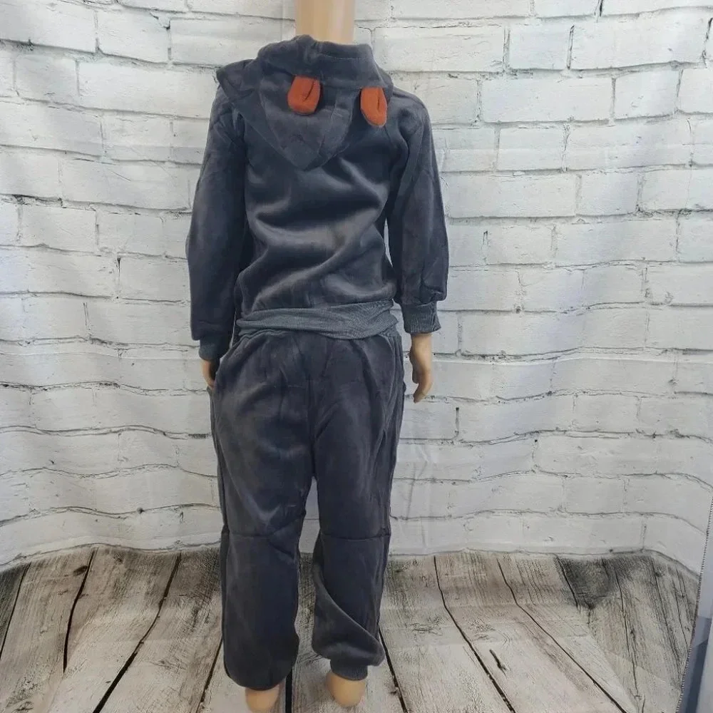 5T Toddler Grey Teddy Bear 2 piece Hoodie and Pants Velvet Outfit Set