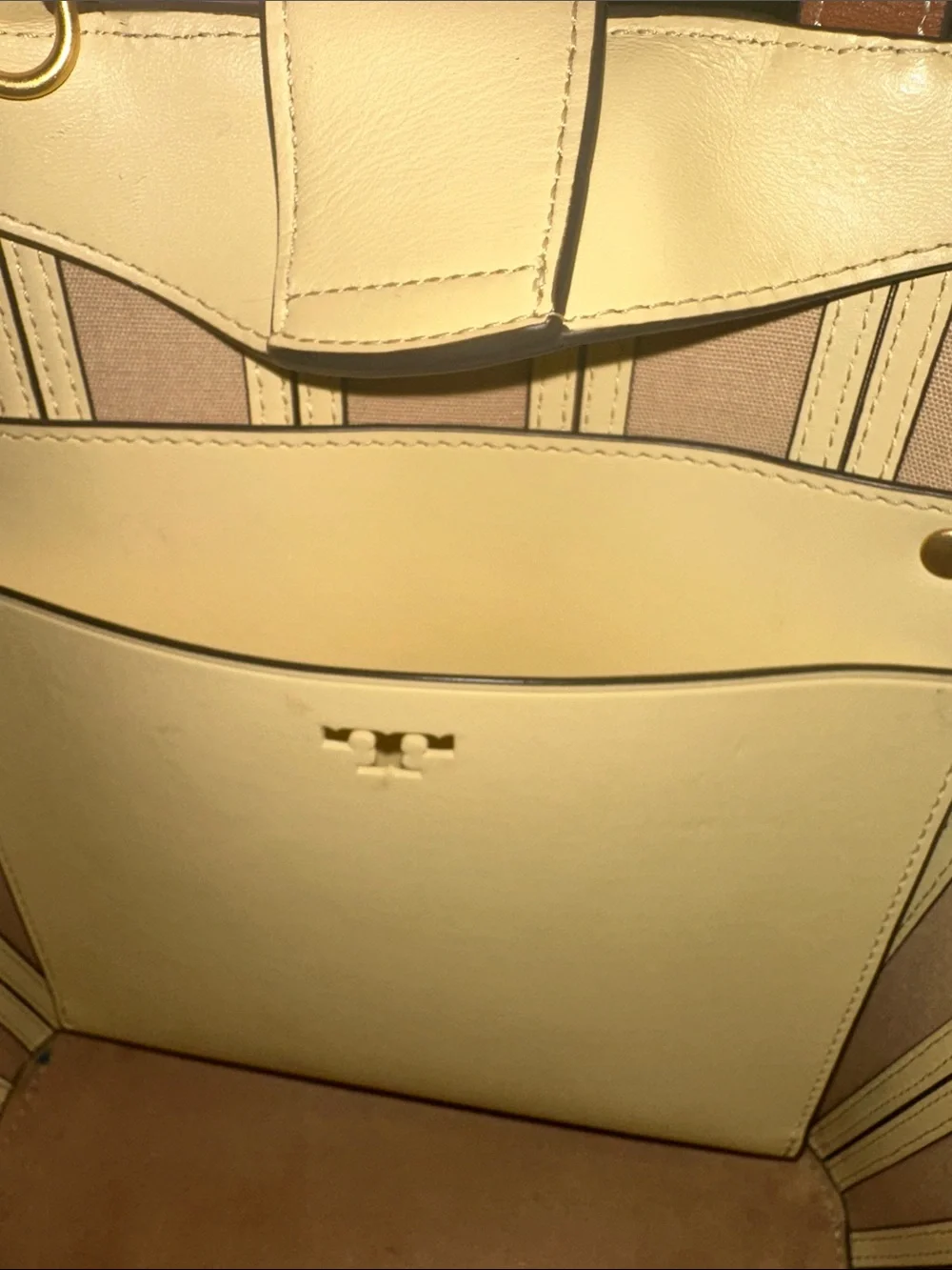 Tory Burch Mustard and Cream Striped Canvas Tote with Brown Handles