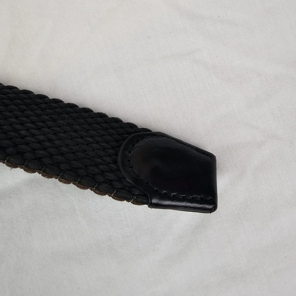 TOMMY BAHAMA Mens L XL Braided Cotton Woven Black Leather Trim Belt Silver Work