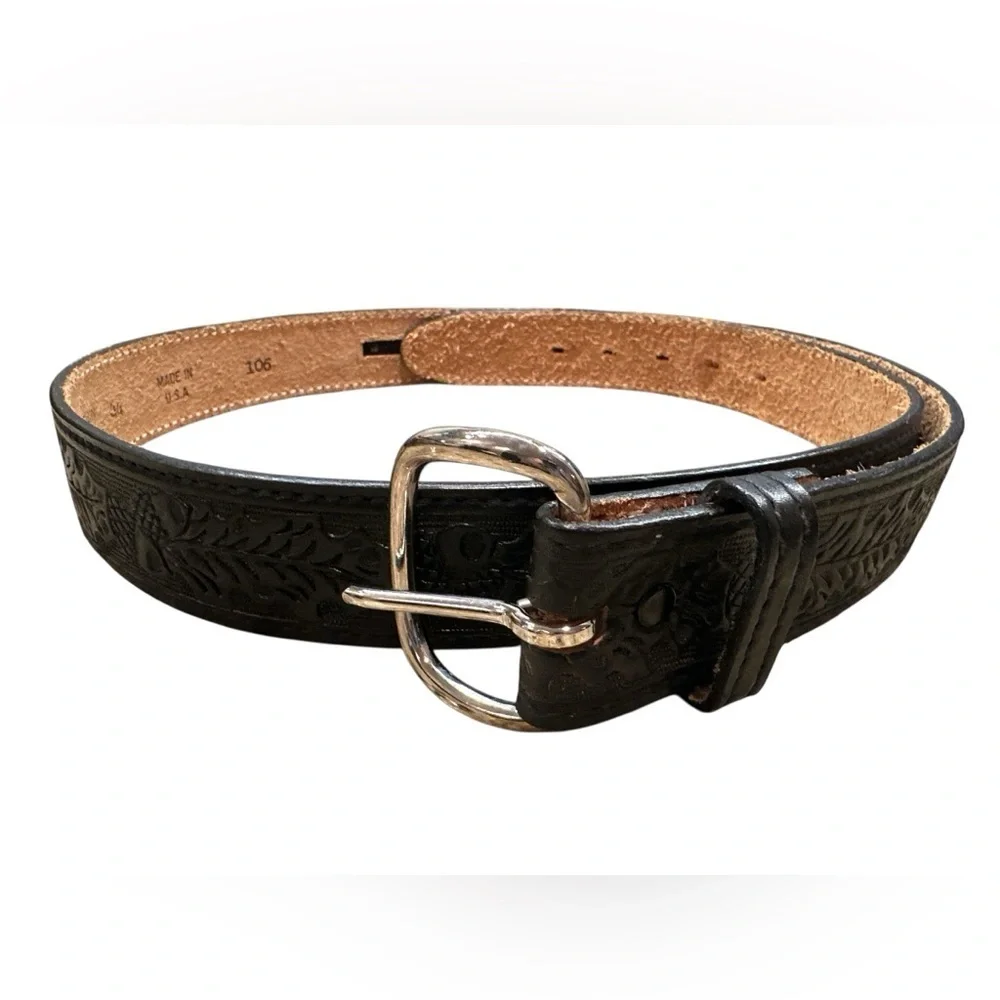 EMBOSSED WESTERN MENS LEATHER BLK COWHIDE COWBOY BELT FLORAL ROPING ZIP MADE USA