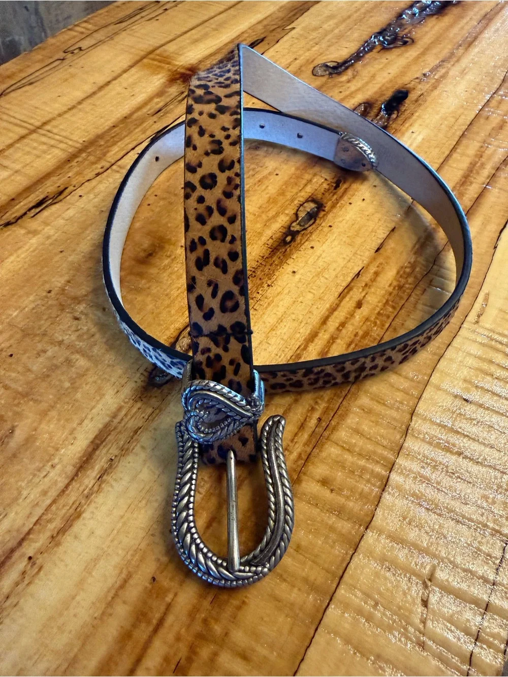 Chico’s Calf Hair Leather Leopard Heart Belt Sz Small - NWOT