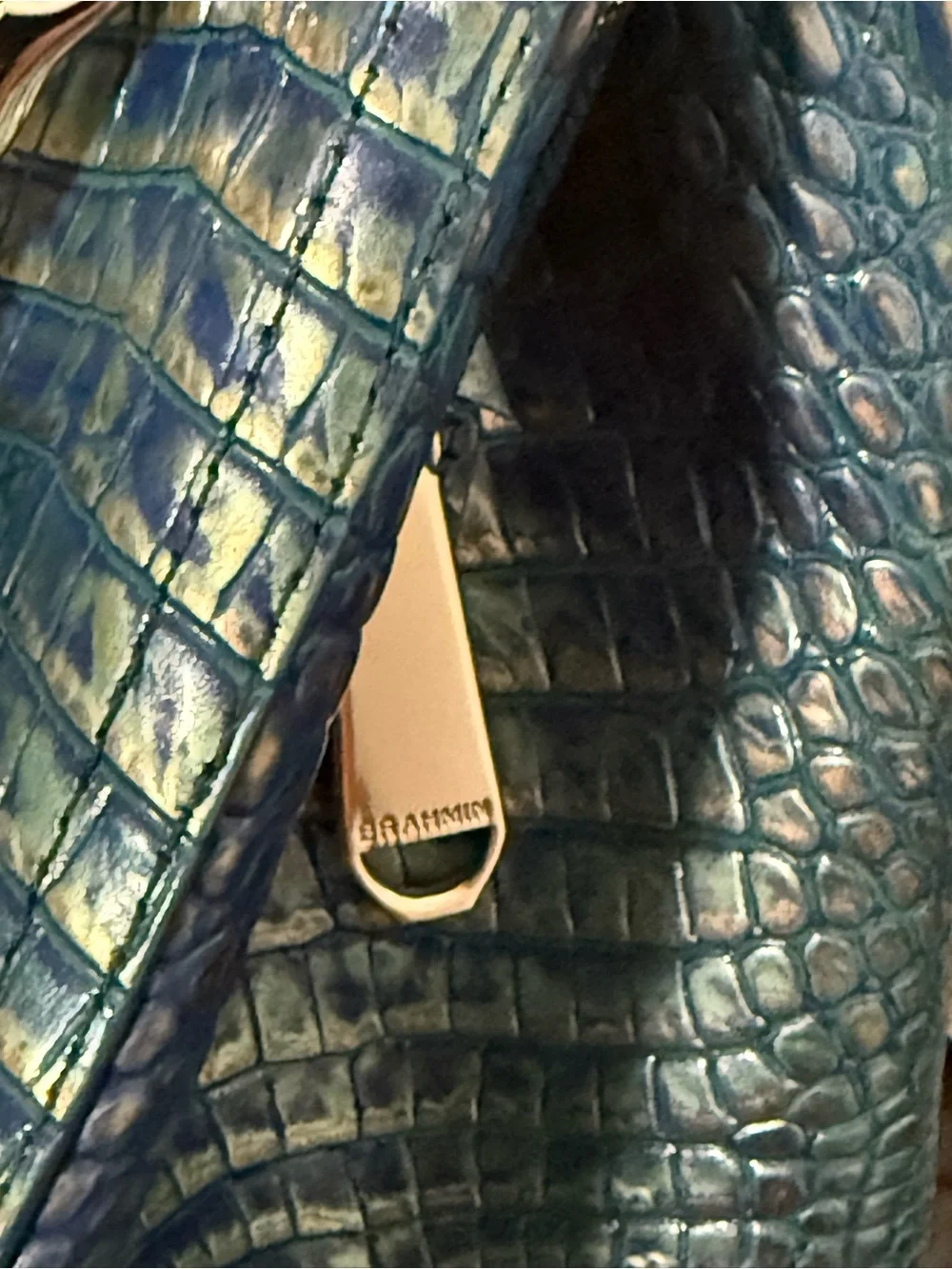 Brahmin Iridescent Teal Blue Croc-Embossed Satchel