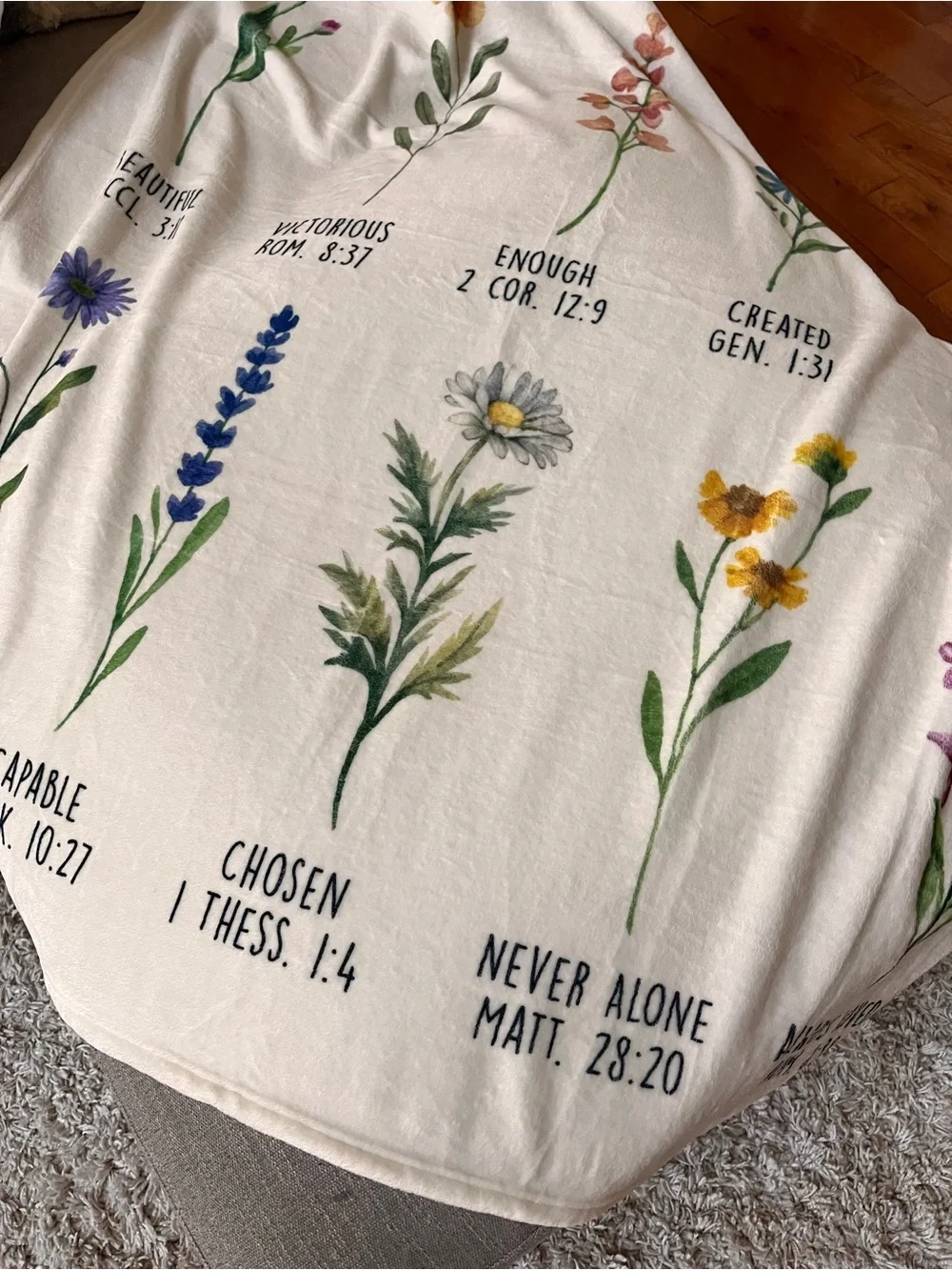 Floral Scripture Cream Throw Blanket - Soft Home Bedding